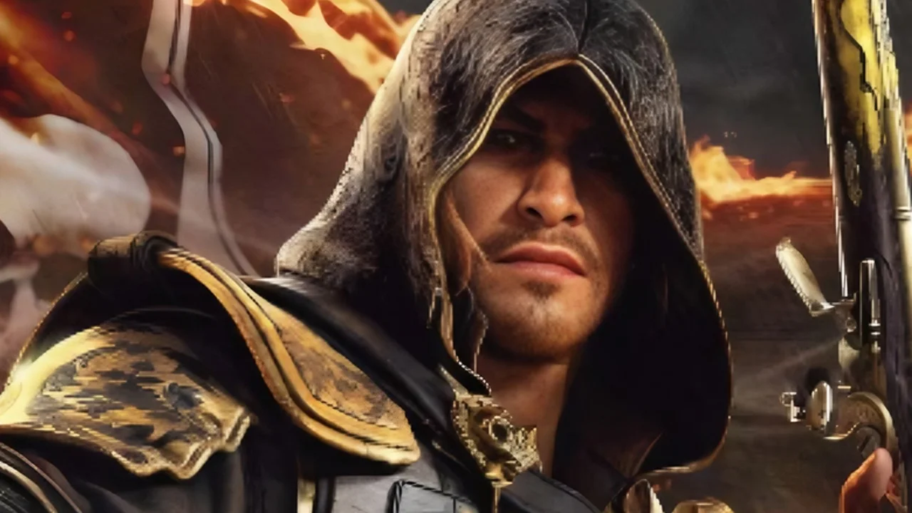 Close-up of Edward Kenway in Assassin’s Creed Black Flag Resynced wearing a hood with a fiery battle background