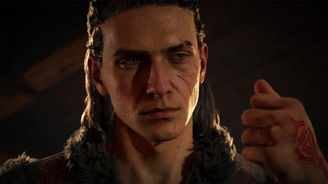 Close-up of a serious character with a mystical symbol on their hand in The Blood of Dawnwalker dark fantasy RPG scene