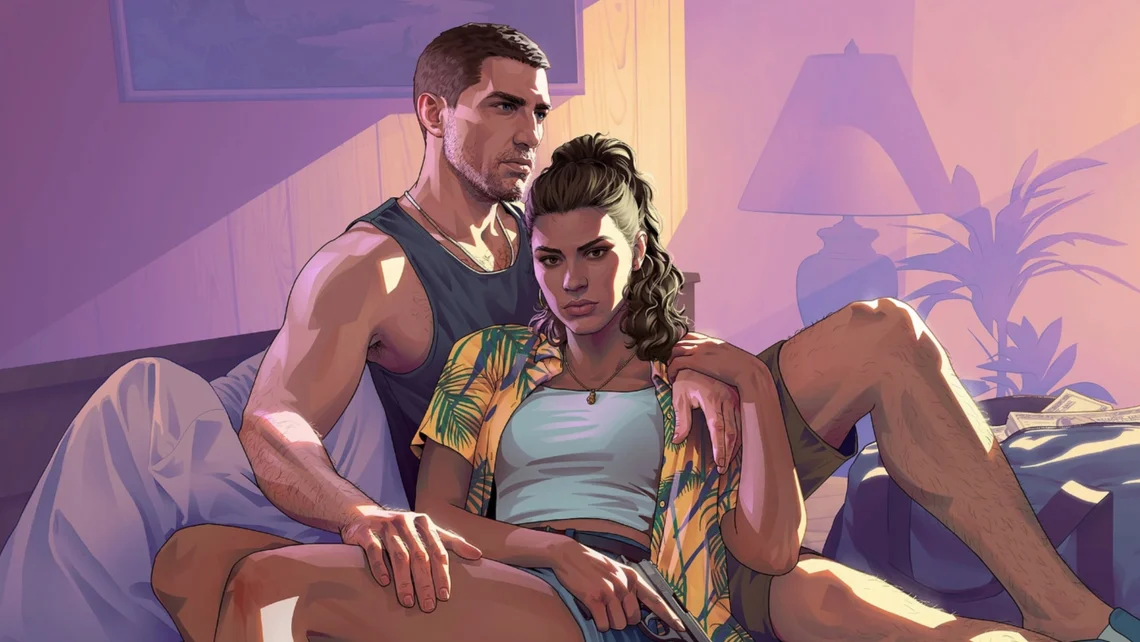 Illustrated artwork of two characters sitting on a sofa, representing Lucia and Jason from Grand Theft Auto VI in a stylised indoor setting