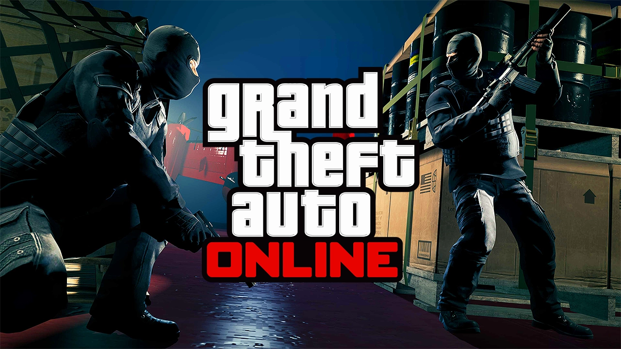 Grand Theft Auto Online artwork showing masked characters armed during a heist scenario with crates and industrial setting in the background
