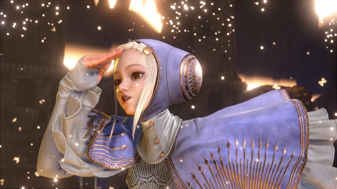 Ingrid from Street Fighter 6 in a glowing cinematic scene performing an elegant pose surrounded by light effects