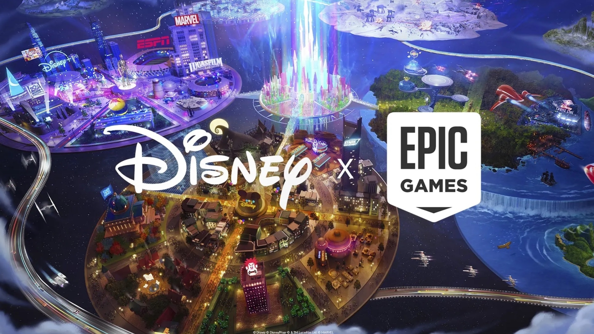 Disney and Epic Games concept image showing a shared virtual world with iconic brands and immersive gaming environments