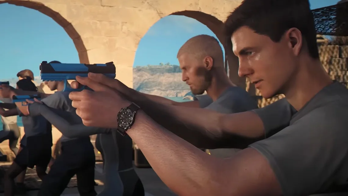 Screenshot from 007 First Light showing a young James Bond and fellow recruits taking part in firearms training during their journey to becoming elite agents.