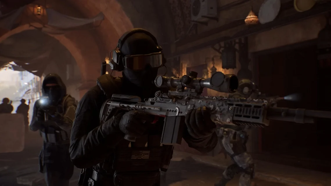 Battlefield 6 tactical combat scene showing heavily armed soldiers moving through a dark urban environment ahead of the game’s next major update.
