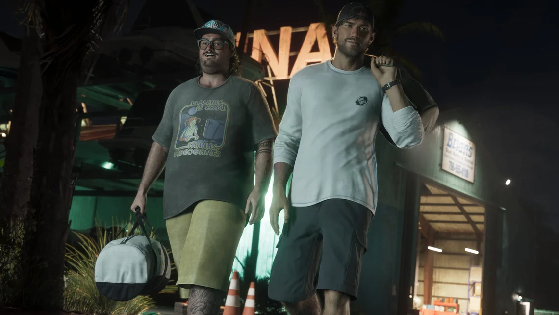 Promotional-style GTA 6 image featuring two characters walking through a neon-lit nightlife area carrying bags in a tropical urban setting.