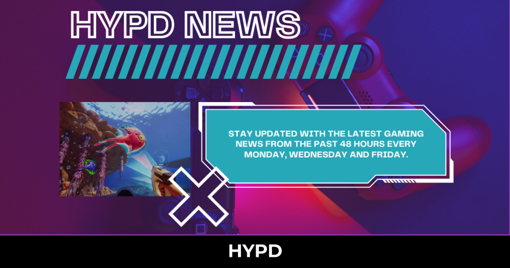 HYPD News graphic showcasing gaming news updates from the past 48 hours with Subnautica 2 gameplay imagery and neon gaming controller background.