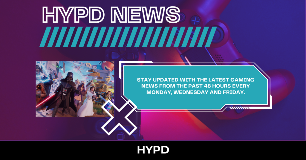 HYPD News gaming banner featuring gaming controllers, Fortnite artwork, and text promoting the latest gaming news updates from the past 48 hours every Monday, Wednesday and Friday.