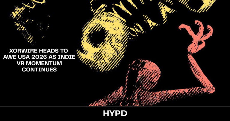 Stylised HYPD graphic promoting XORWIRE’s attendance at AWE USA 2026 with bold typography and abstract VR-inspired artwork on a dark background.