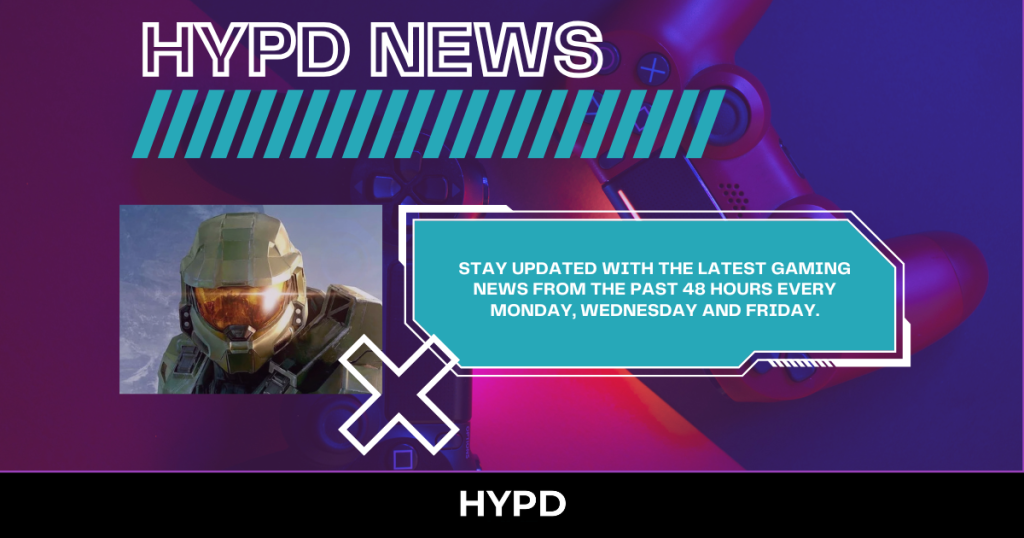 HYPD News gaming graphic featuring a futuristic controller design and Halo-inspired soldier promoting gaming news updates from the past 48 hours every Monday, Wednesday and Friday.