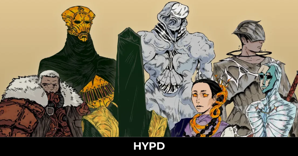 Stylised character artwork from Amberspire featuring mysterious sci-fi figures and futuristic fantasy designs against a muted background.