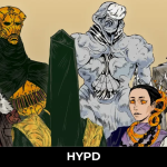 Stylised character artwork from Amberspire featuring mysterious sci-fi figures and futuristic fantasy designs against a muted background.