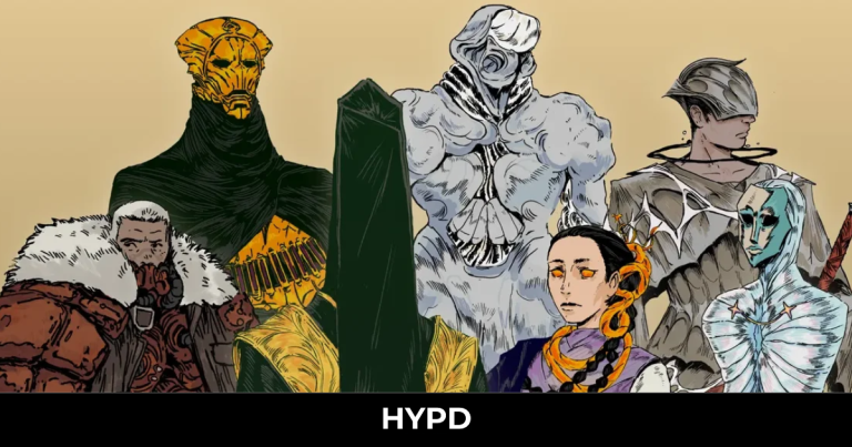 Stylised character artwork from Amberspire featuring mysterious sci-fi figures and futuristic fantasy designs against a muted background.