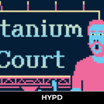 Pixel art promotional image for Titanium Court featuring a surreal blue and pink character beside the game title on a dark background.