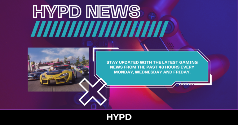 Futuristic HYPD News gaming graphic featuring racing gameplay imagery and text promoting gaming news updates from the past 48 hours every Monday, Wednesday and Friday.