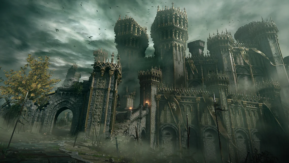 Dark gothic castle inspired by Elden Ring surrounded by mist and stormy skies, resembling the iconic fantasy environments teased for the upcoming live-action adaptation.