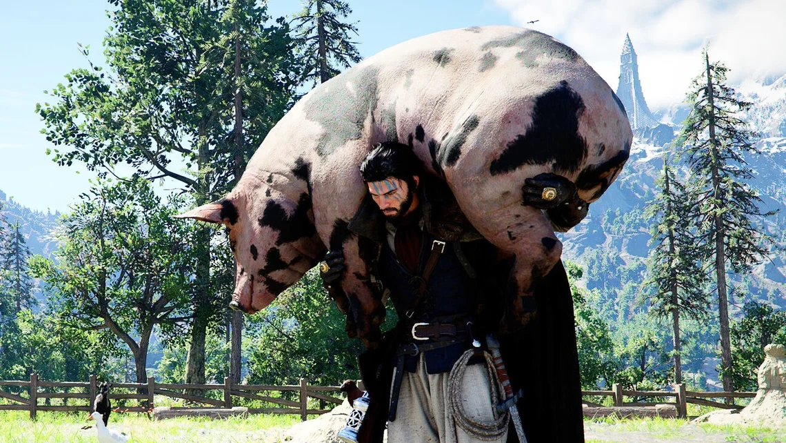 Character from Crimson Desert carrying a large pig through a detailed fantasy landscape surrounded by forests and mountains.