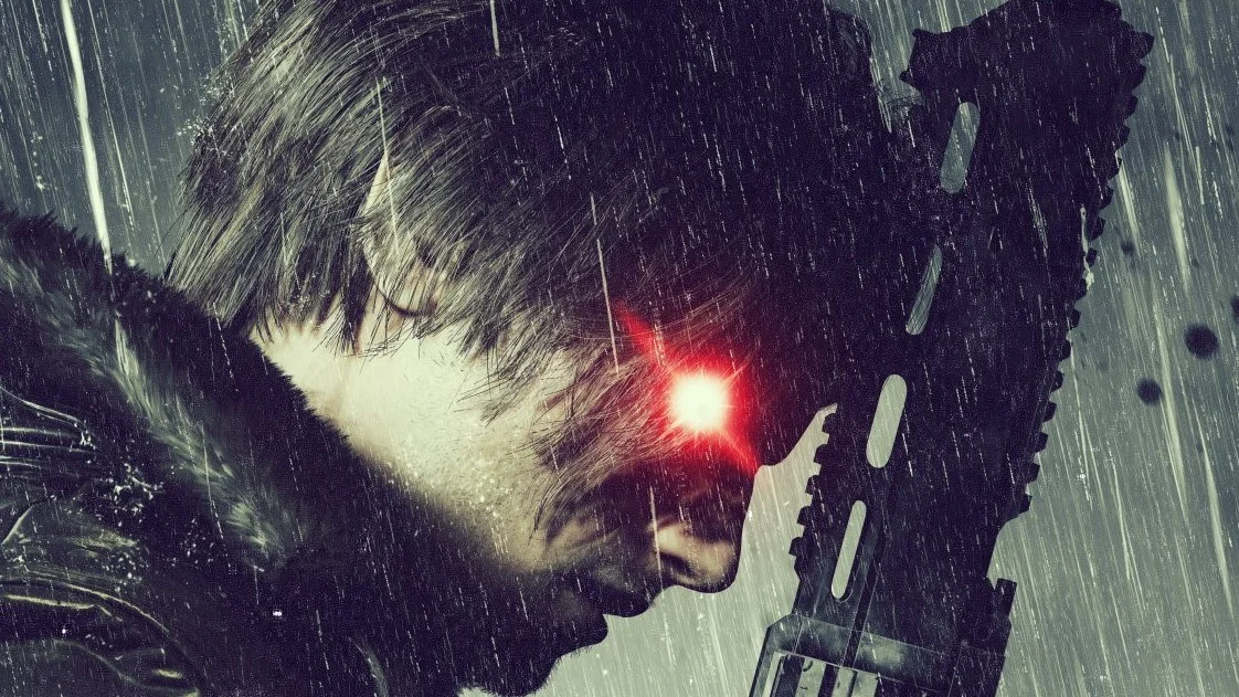 Dark Resident Evil Requiem artwork showing Leon in heavy rain with a glowing red eye while holding a weapon during the Leon Must Die Forever game mode.