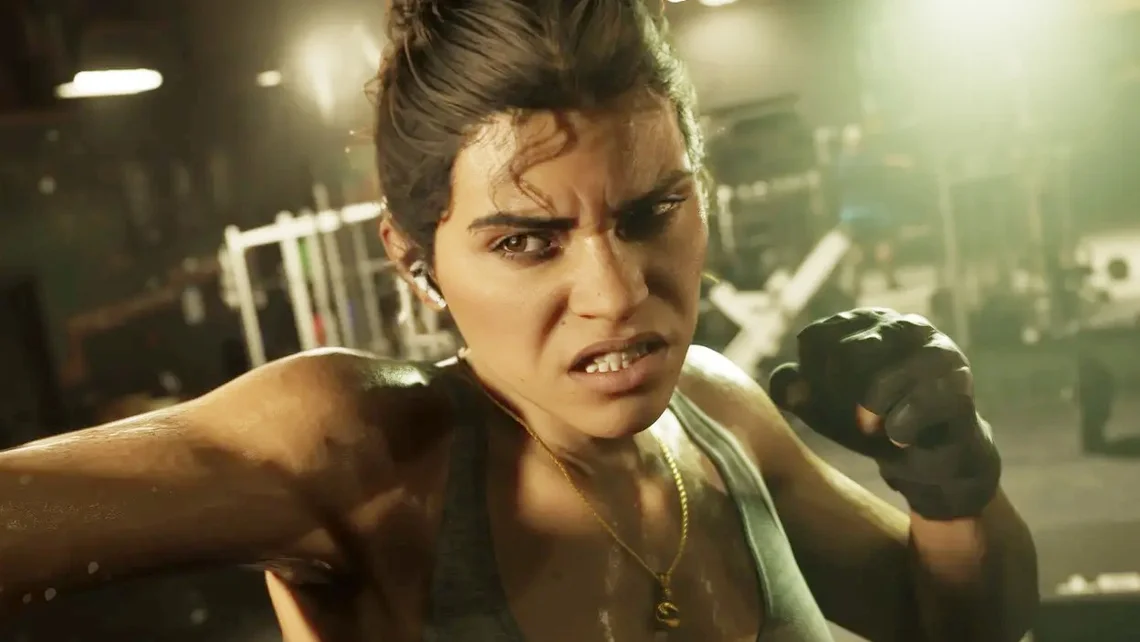 Cinematic GTA 6 image showing Lucia training in a gym while throwing punches during an intense workout scene.