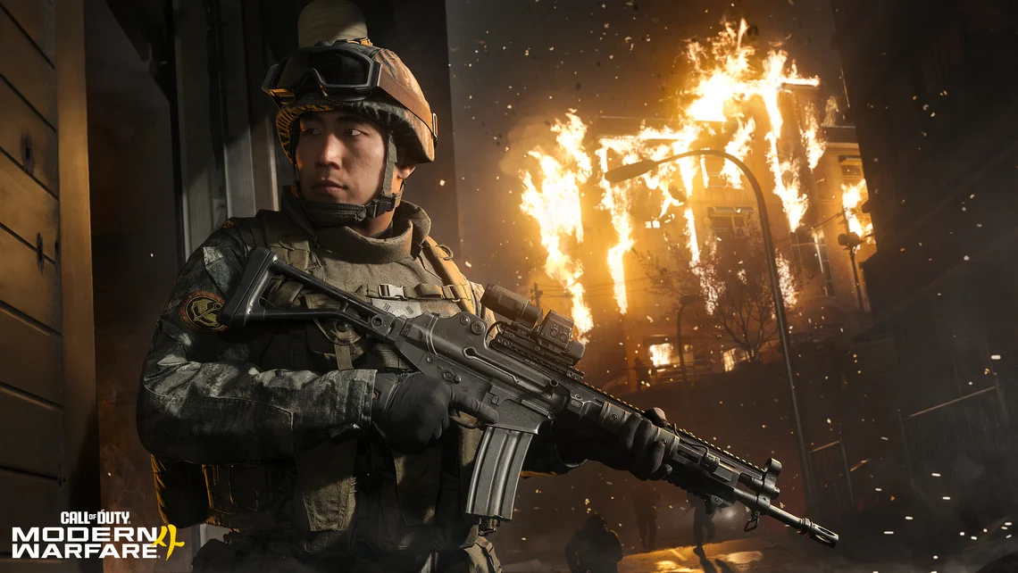 Call of Duty: Modern Warfare 4 promotional artwork showing a soldier in combat gear navigating a burning urban battlefield as the series moves exclusively to current-generation platforms.