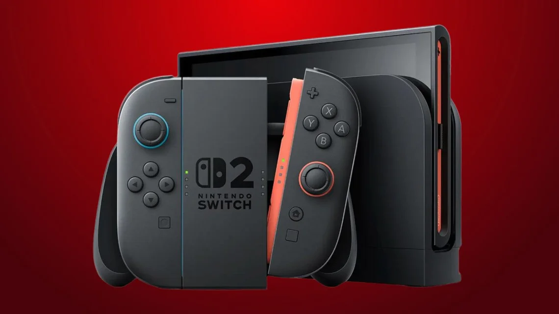 Promotional image of the Nintendo Switch 2 console featuring redesigned Joy-Con controllers and docking station against a red background.