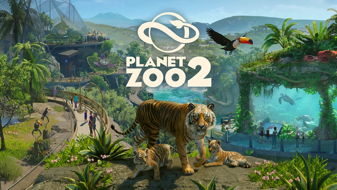 Planet Zoo 2 key artwork featuring tigers, tropical habitats, exotic wildlife exhibits, and a sprawling modern zoo environment in Frontier Developments' upcoming simulation sequel.