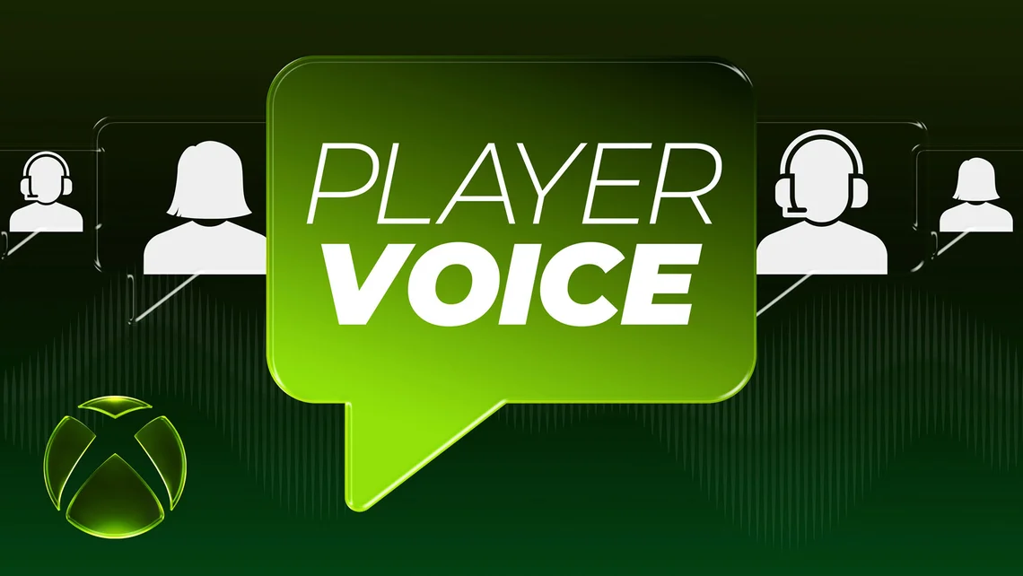 Xbox Player Voice promotional graphic featuring the Xbox logo, headset icons, and community feedback messaging focused on player opinions and gaming suggestions.