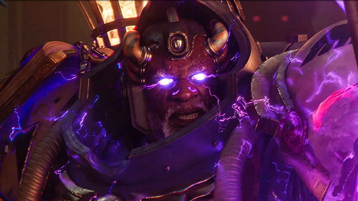 Close-up of a glowing Chaos warrior in Warhammer 40K: Dawn of War 4 surrounded by purple energy during an intense battle scene.
