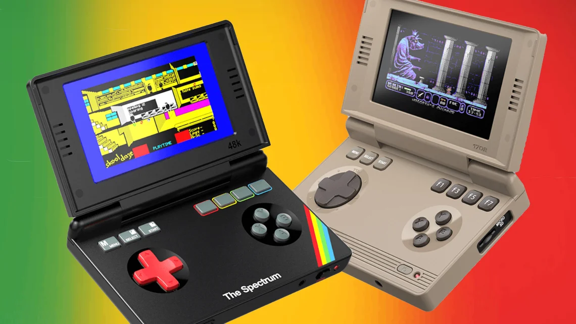 Portable handheld versions of the ZX Spectrum and Commodore 64 consoles by Evercade displaying retro games on colourful screens