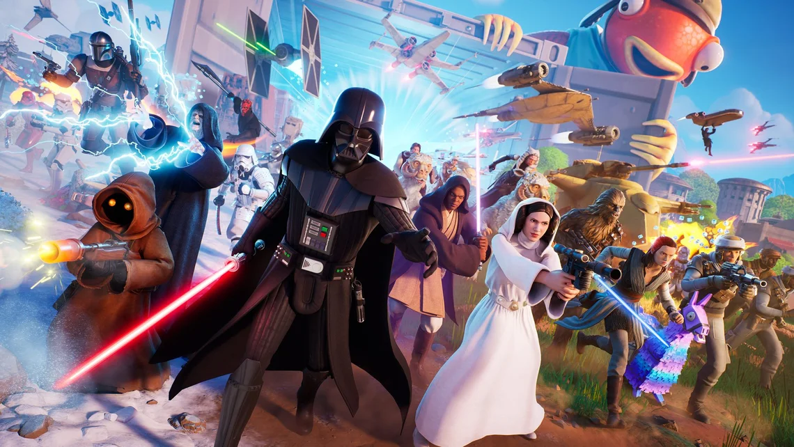 Epic Fortnite Star Wars crossover artwork featuring Darth Vader, Princess Leia, Mandalorian characters, lightsabers, spaceships, and large-scale battle action inside the Fortnite universe.