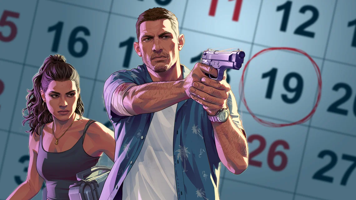 Promotional GTA 6 artwork featuring two armed characters in front of a calendar, highlighting anticipation surrounding the game’s release window and PS5 upgrades.