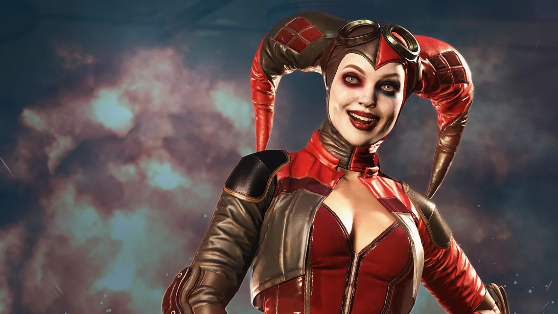 Harley Quinn character from Injustice series wearing red and black outfit with jester hat against a dramatic background