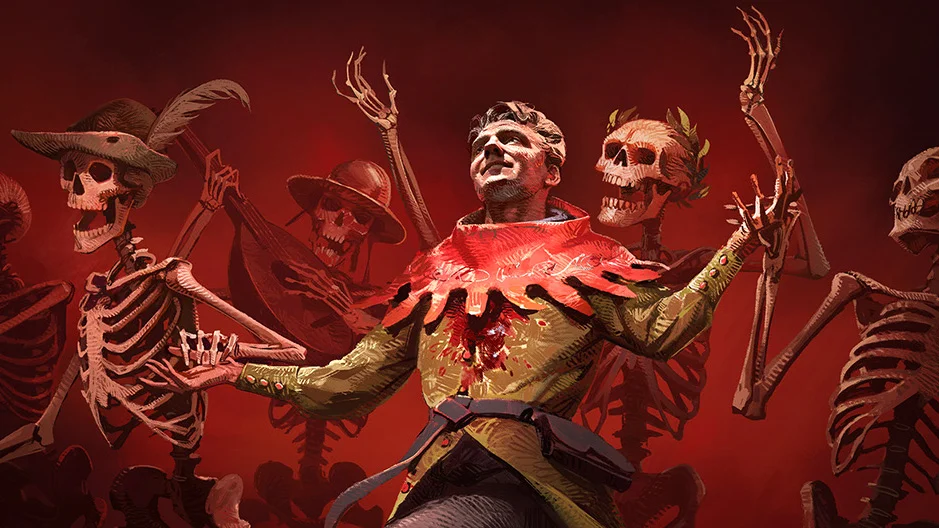 Dark medieval artwork from Kingdom Come featuring a central warrior surrounded by animated skeletons against a dramatic red background, teasing the future of the RPG franchise.