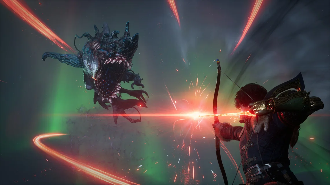 Dark fantasy gameplay scene from the Lies of P sequel showing a character firing a glowing arrow at a terrifying airborne creature during an intense battle.