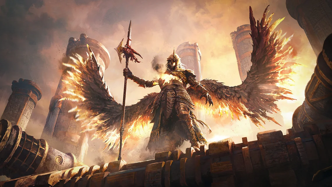 Promotional artwork for Path of Exile 2 featuring a fiery winged warrior standing among towering ruins ahead of the game’s anticipated full release.