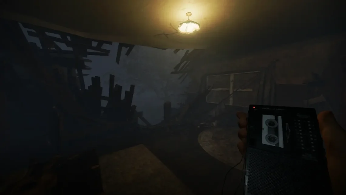 Dark and eerie gameplay scene from Phasmophobia showing a ghost investigation inside a damaged house with paranormal detection equipment.