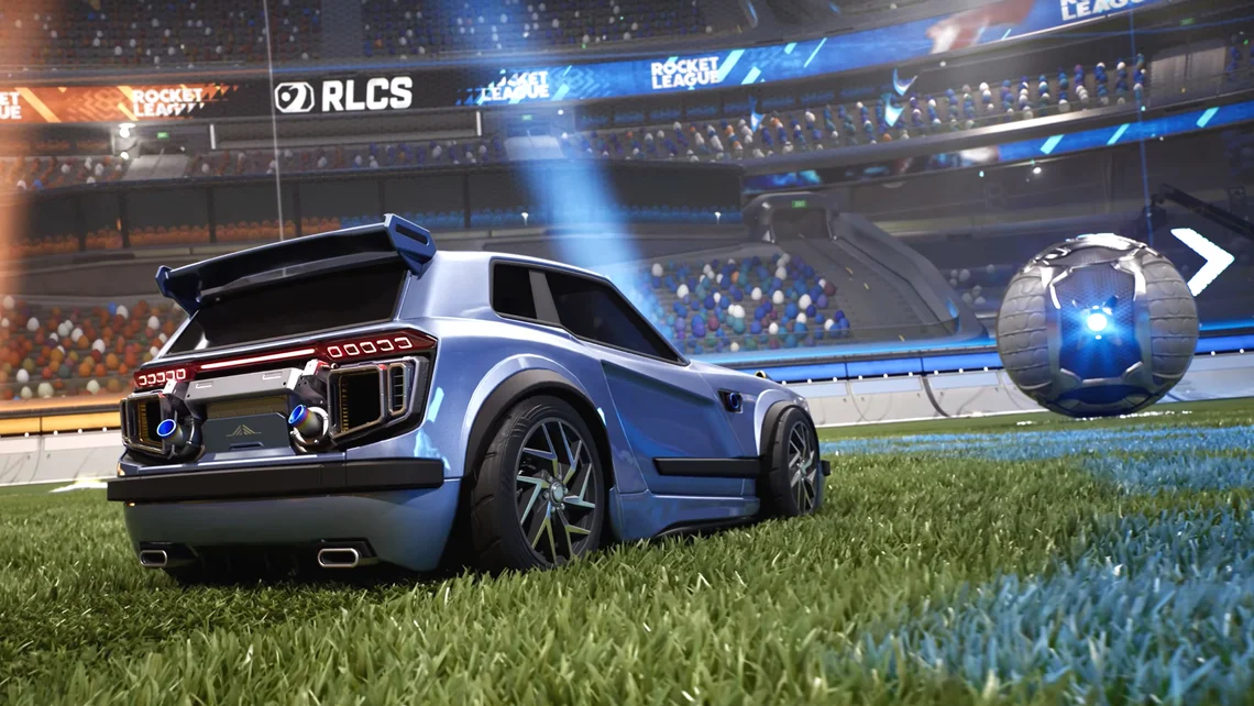 Rocket League sports car parked inside a futuristic RLCS arena beside a glowing football, teasing a next-generation Unreal Engine 6 visual upgrade.