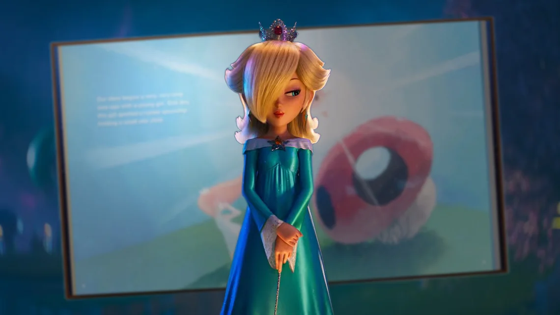 Rosalina character from Super Mario Galaxy wearing a teal dress and crown standing in a soft-lit cosmic environment