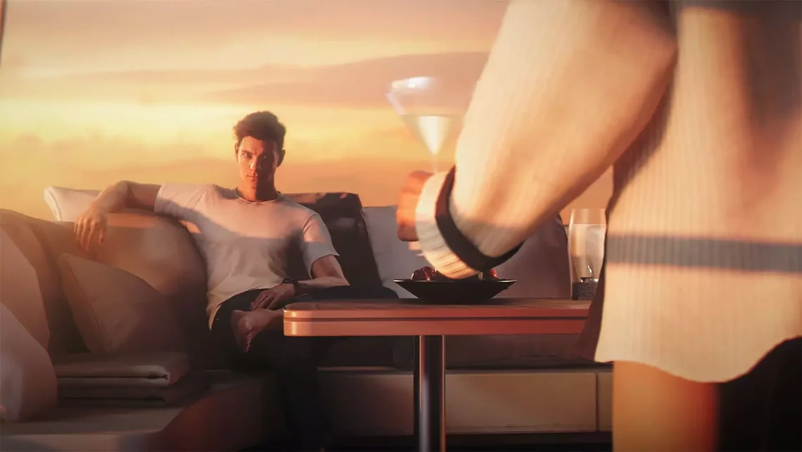 Cinematic scene from 007 First Light featuring a young James Bond seated in a luxury setting as part of the game's modern spy thriller narrative.