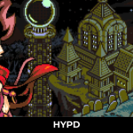 Pixel-art artwork from Mina the Hollower featuring Mina overlooking a gothic castle and graveyard under a moonlit night sky.