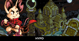 Pixel-art artwork from Mina the Hollower featuring Mina overlooking a gothic castle and graveyard under a moonlit night sky.