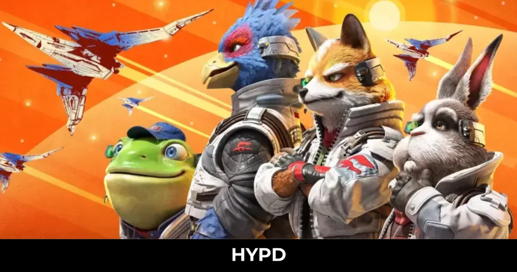 Promotional artwork for the Star Fox remake featuring Fox McCloud, Falco Lombardi, Peppy Hare and Slippy Toad standing in front of Arwing spacecraft against a vibrant orange space-themed background.