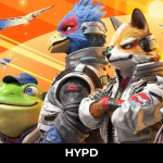 Promotional artwork for the Star Fox remake featuring Fox McCloud, Falco Lombardi, Peppy Hare and Slippy Toad standing in front of Arwing spacecraft against a vibrant orange space-themed background.