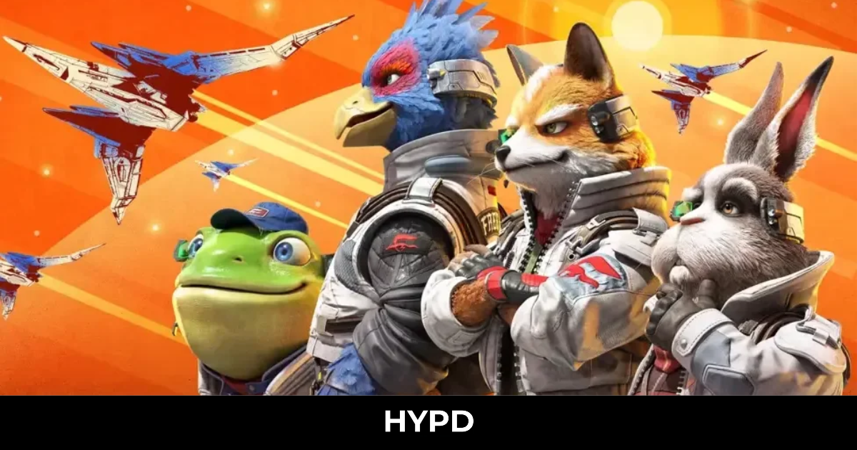 Promotional artwork for the Star Fox remake featuring Fox McCloud, Falco Lombardi, Peppy Hare and Slippy Toad standing in front of Arwing spacecraft against a vibrant orange space-themed background.