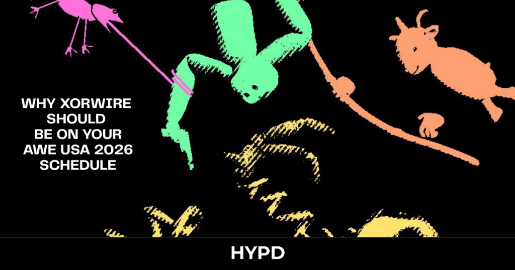 HYPD gaming blog header promoting XORWIRE's appearance at AWE USA 2026, featuring stylised High Horns-inspired artwork with mountain goats, climbing elements, and bold event-focused typography.