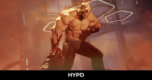A powerful muscular superhero from Invincible Vs stands amid destruction and flames during an intense cinematic battle sequence.