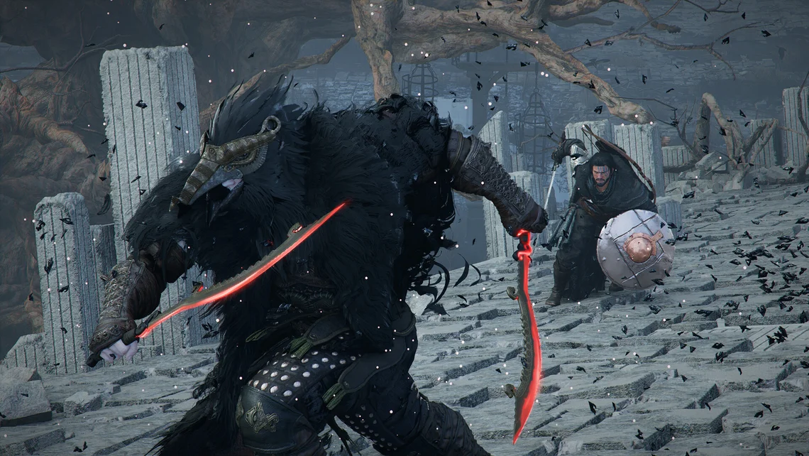 Epic Crimson Desert boss fight featuring a cloaked warrior wielding glowing red blades against a towering dark creature in a ruined fantasy environment.
