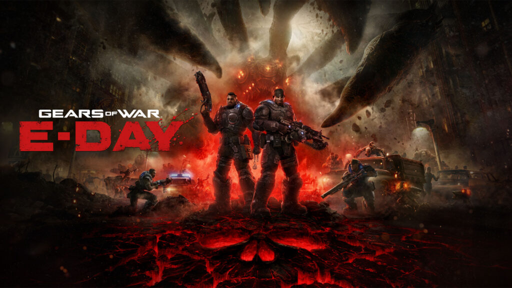Official artwork for Gears of War: E-Day featuring Marcus Fenix and Dom Santiago battling the Locust Horde during Emergence Day, as revealed during the Xbox Games Showcase.