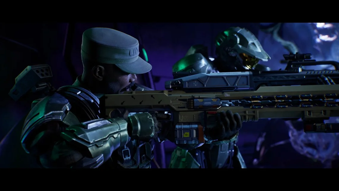 Action scene from Halo: Campaign Evolved showing heavily armed soldiers and Master Chief during a combat mission revealed at the Xbox Games Showcase.