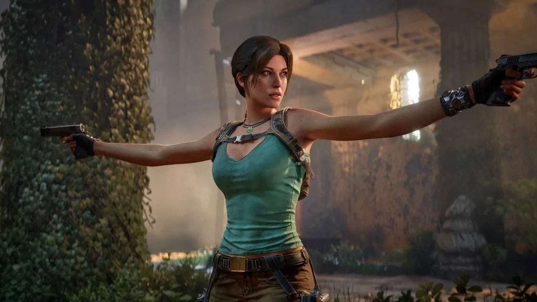 Lara Croft dual-wielding pistols inside an ancient overgrown ruin in Tomb Raider: Legacy of Atlantis, highlighting the game's modern visuals and classic adventuring spirit.
