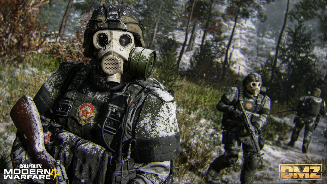 Call of Duty: Modern Warfare 4 DMZ screenshot showing soldiers wearing gas masks during a tactical extraction mission, highlighting the new survival-focused gameplay mode revealed at the Xbox Games Showcase.